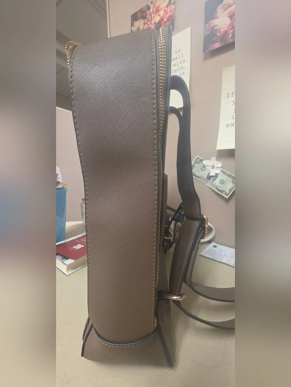Calpak Brown Leather-Textured Backpack with Woven Trim